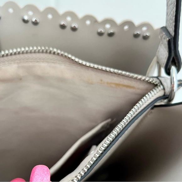 Nanette Lepore Scalloped Edge Studded Pebbled Grey Adjustable Strap Zipper Purse - Picture 6 of 16